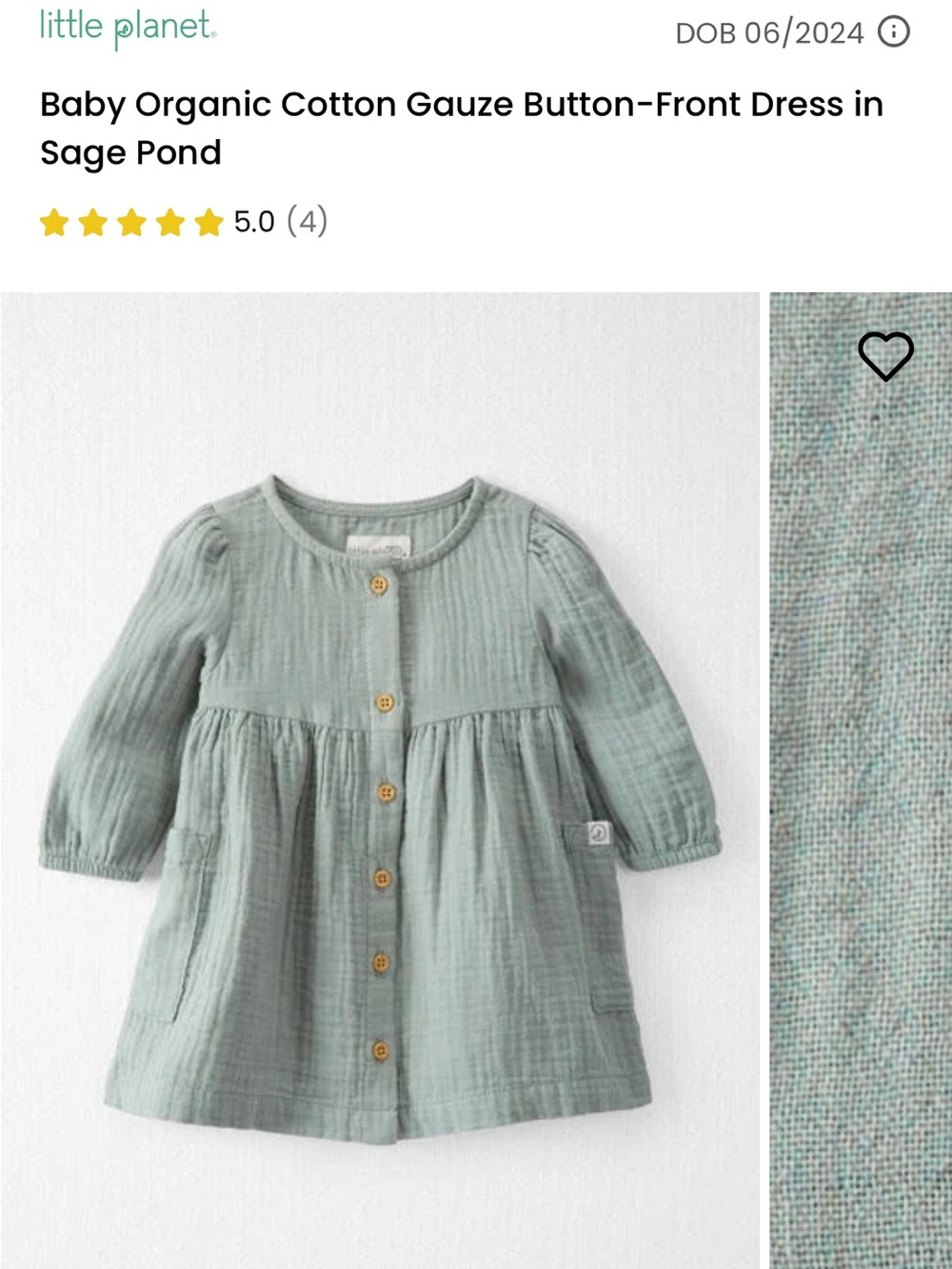 🌻3/$25 🌻  Baby Organic Cotton Gauze Button-Front Dress in Sage